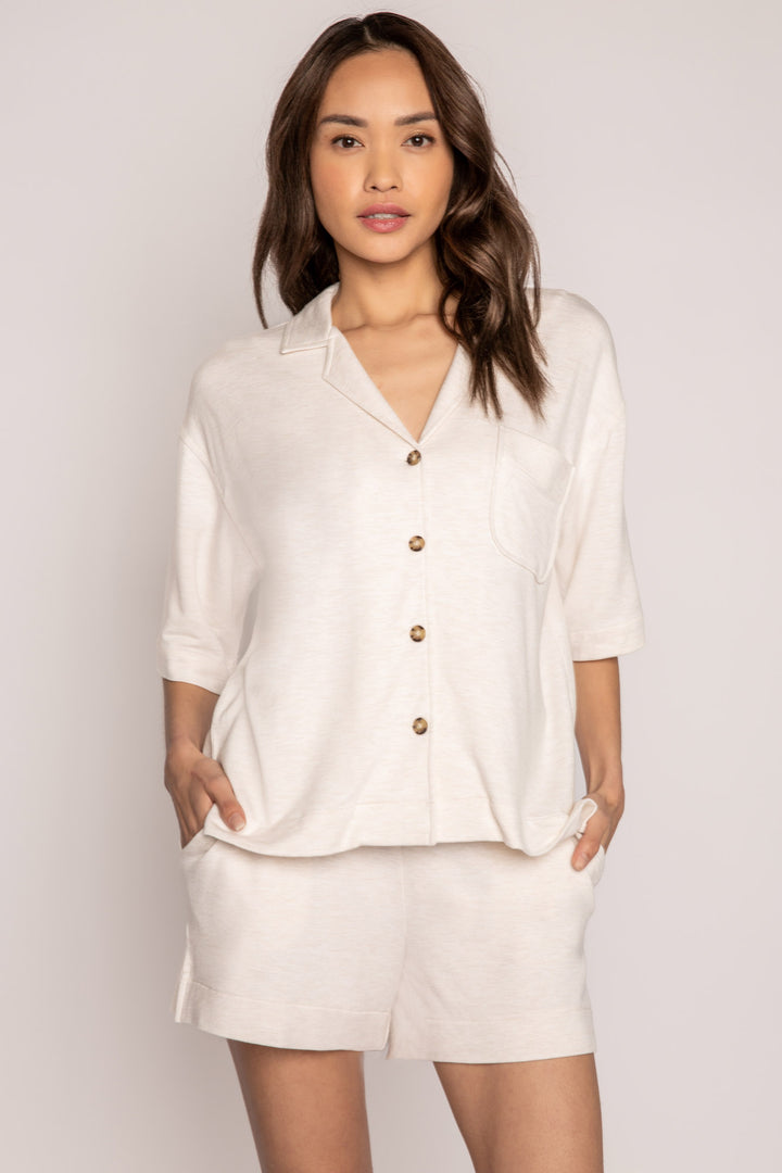 Oatmeal pajama set in a short sleeve button top & comfy pocket short in mini French terry. (7199527567460)