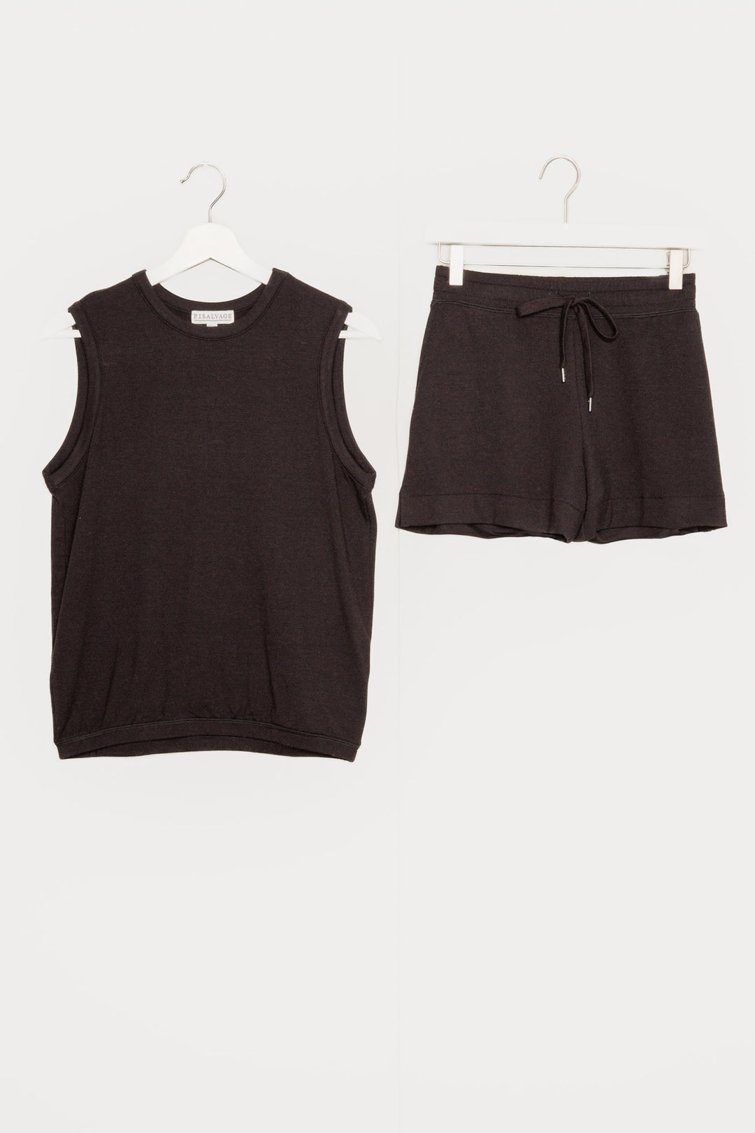 Black short set in baby French Terry knit. Sleeveless top with banded hem & pocket short. (7189030338660)
