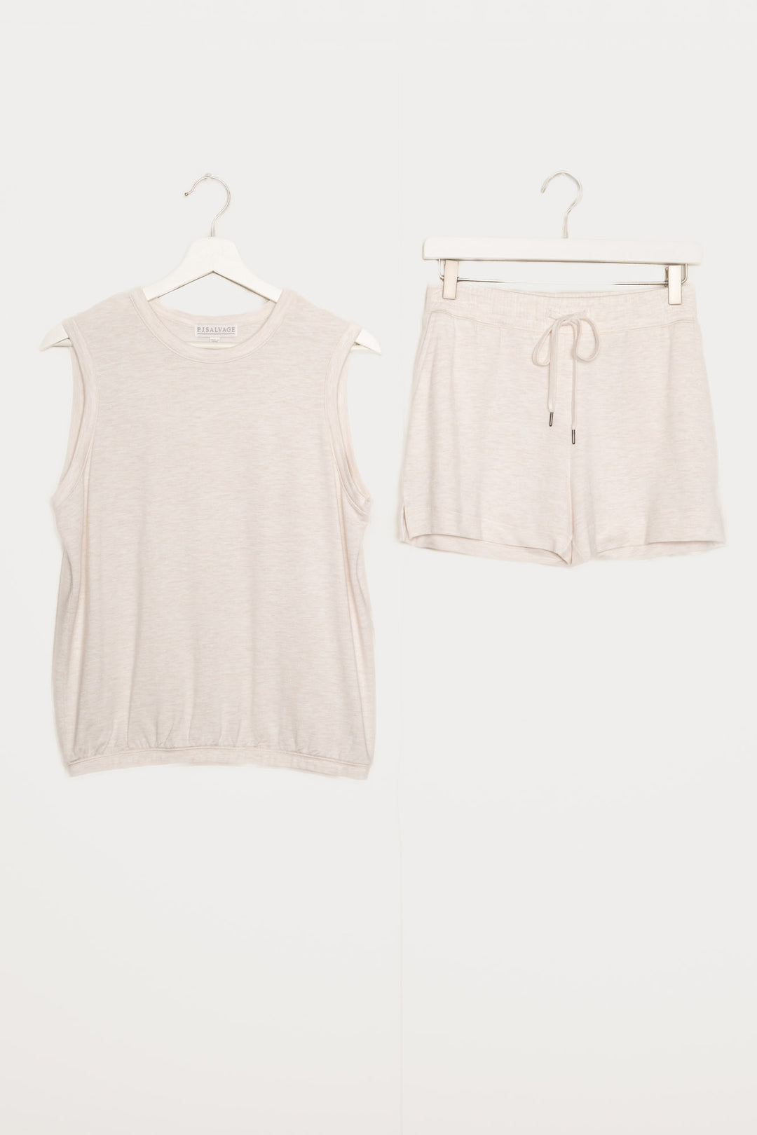Oatmeal short set in baby French Terry knit. Sleeveless top with banded hem & pocket short. (7189030371428)