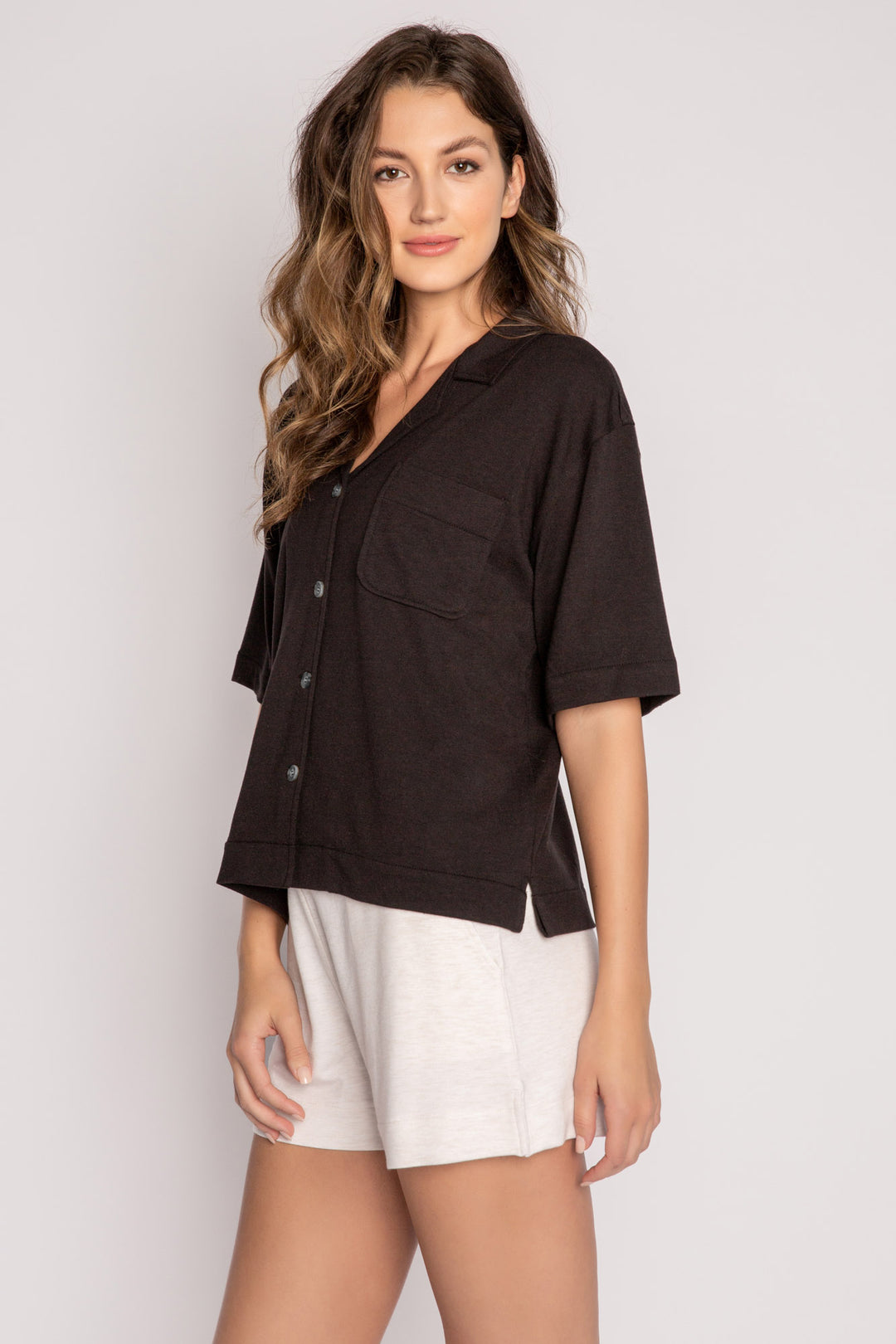 Short sleeve black mini terry button-down pajama shirt with side slit & front pocket. (7122608717924)