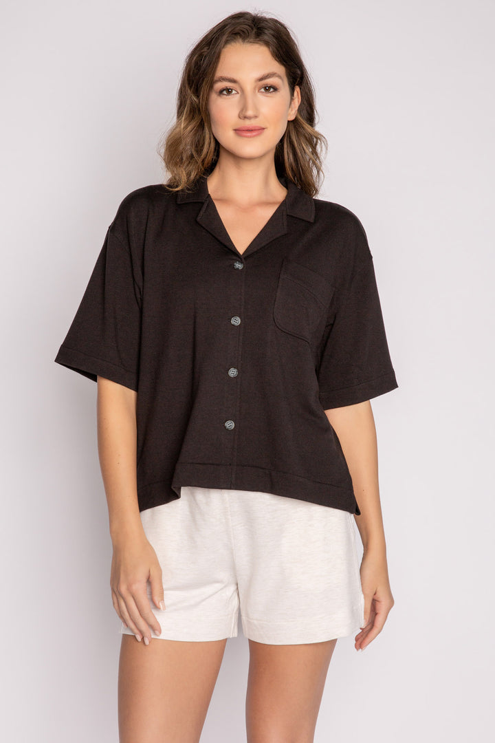 Short sleeve black mini terry button-down pajama shirt with side slit & front pocket. (7122608717924)