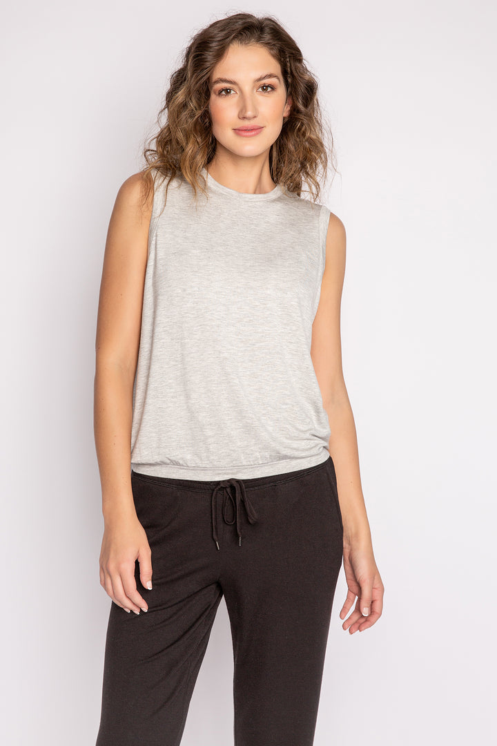 Heather grey crew neck tank top with banded, cinched waist. (7122608848996)