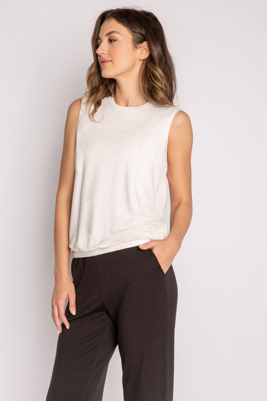 Oatmeal crew neck tank top with banded, cinched waist. (7122608881764)