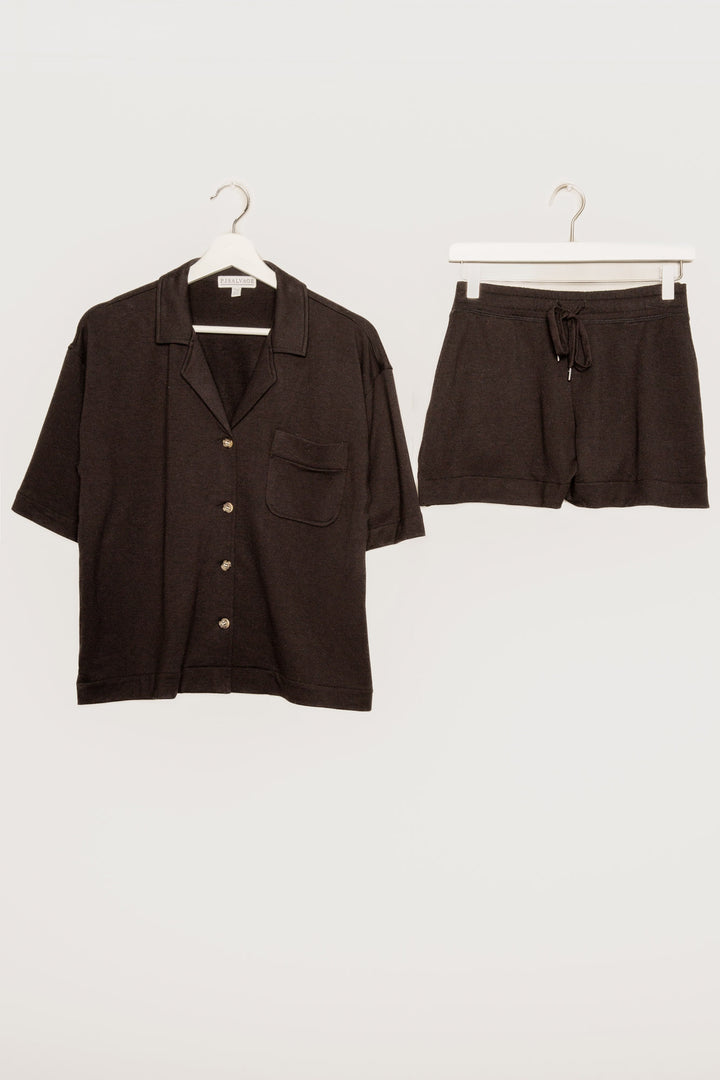 Black pajama set in a short sleeve button top & comfy pocket short in mini French terry. (7199527534692)