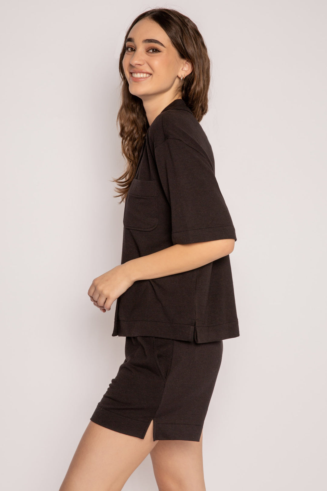 Black pajama set in a short sleeve button top & comfy pocket short in mini French terry. (7199527534692)
