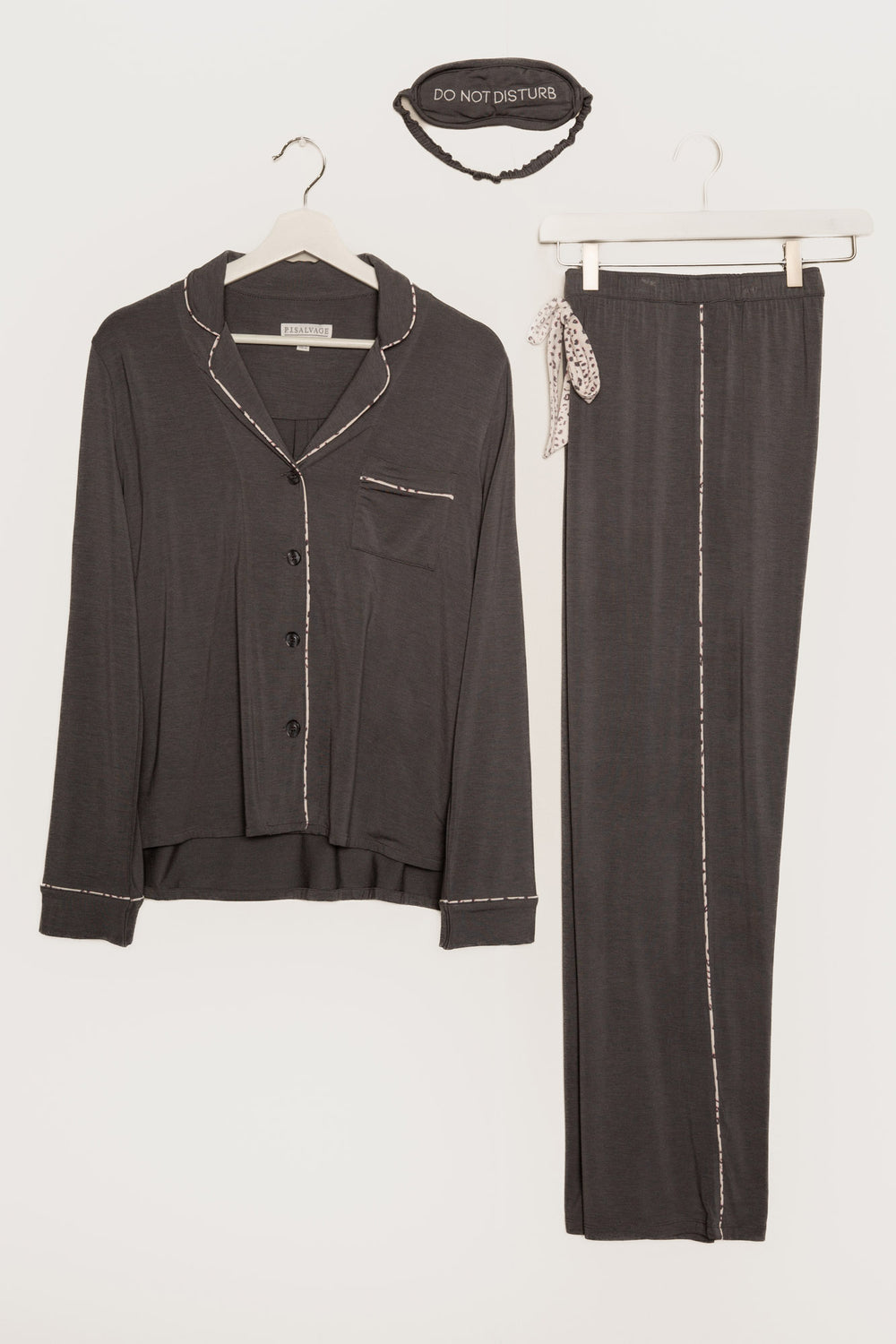 Pajama set in charcoal modal jersey. Notch collar top, tie pant & embroidered sleep mask 'Do Not Disturb'. (7122609274980)