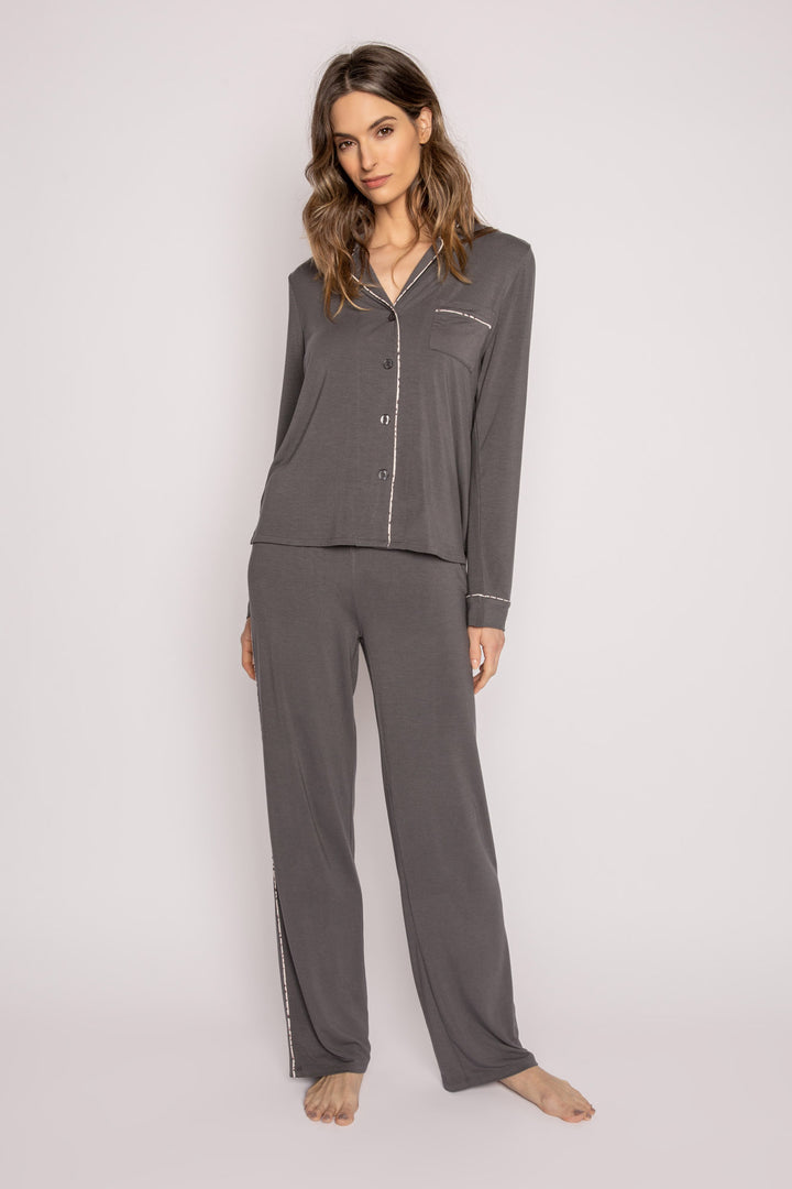 Pajama set in charcoal modal jersey. Notch collar top, tie pant & embroidered sleep mask 'Do Not Disturb'. (7122609274980)