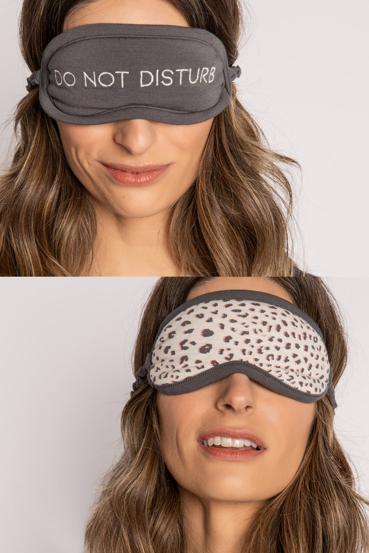 Pajama set in charcoal modal jersey. Notch collar top, tie pant & embroidered sleep mask 'Do Not Disturb'. (7122609274980)