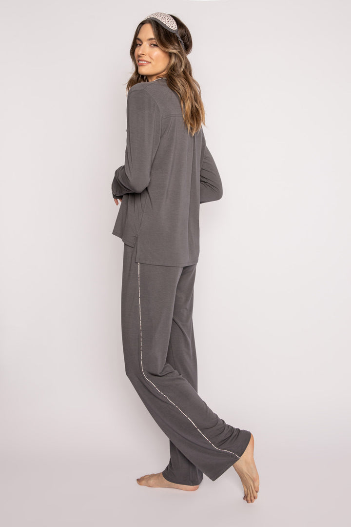 Pajama set in charcoal modal jersey. Notch collar top, tie pant & embroidered sleep mask 'Do Not Disturb'. (7122609274980)