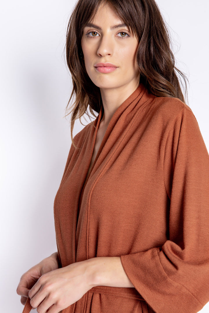 Bronze robe with belt in soft REPREVE® recycled knit (made from recycled bottles), Has 3/4 sleeves & self tie belt. (6853539168356)