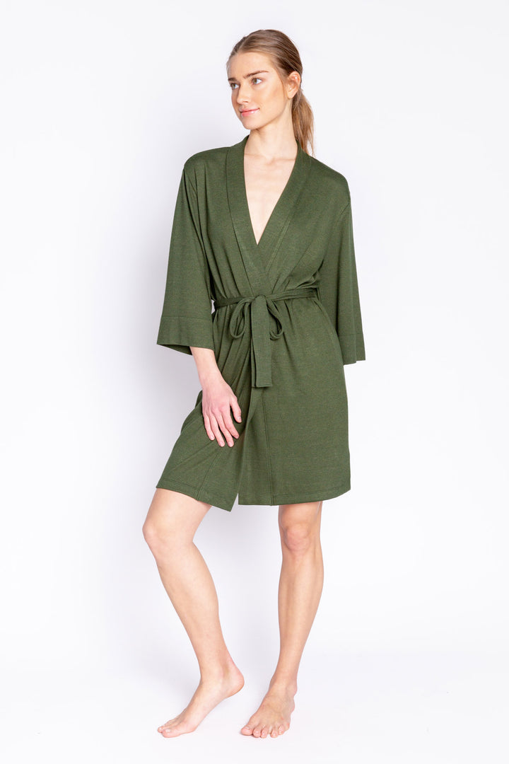 Olive green robe with belt in soft REPREVE® recycled knit (made from recycled bottles), Has 3/4 sleeves & self tie belt. (6853539364964)