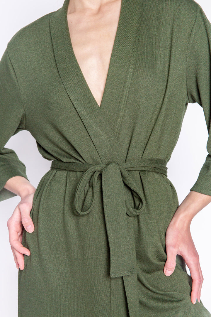 Olive green robe with belt in soft REPREVE® recycled knit (made from recycled bottles), Has 3/4 sleeves & self tie belt. (6853539364964)