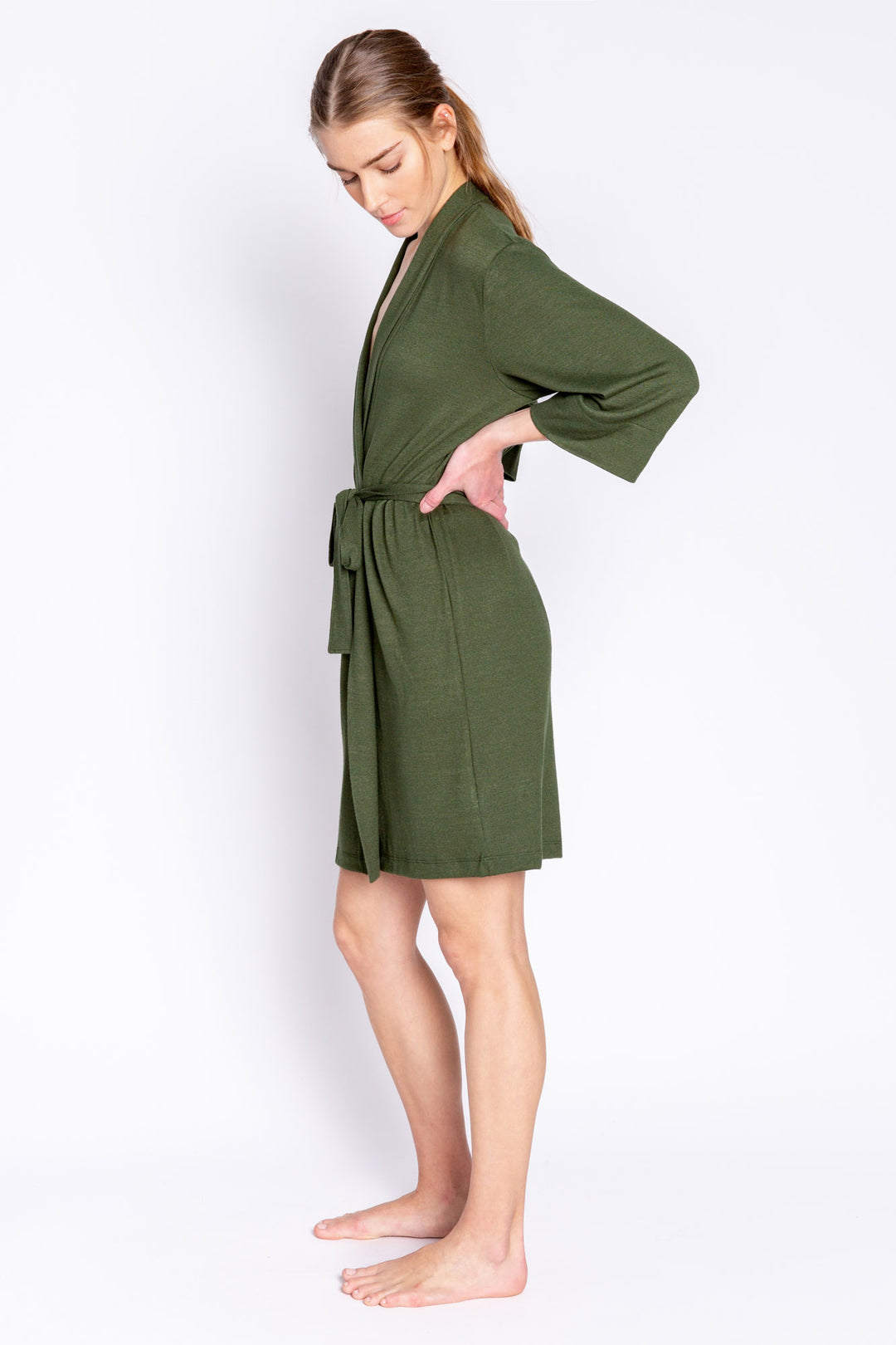 Olive green robe with belt in soft REPREVE® recycled knit (made from recycled bottles), Has 3/4 sleeves & self tie belt. (6853539364964)
