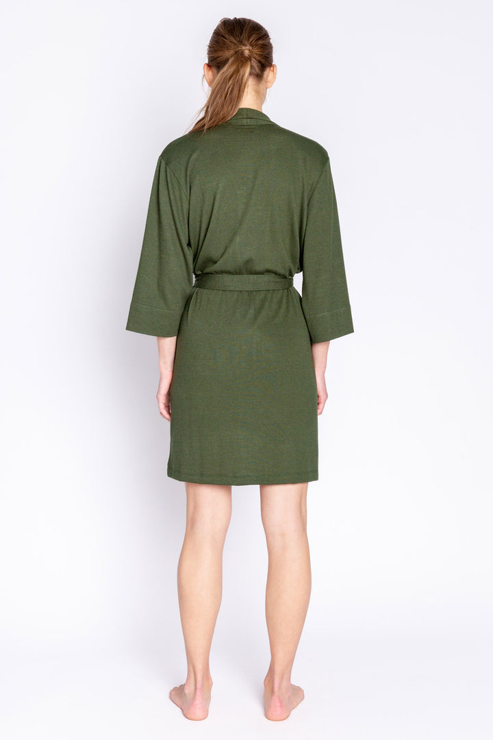 Olive green robe with belt in soft REPREVE® recycled knit (made from recycled bottles), Has 3/4 sleeves & self tie belt. (6853539364964)