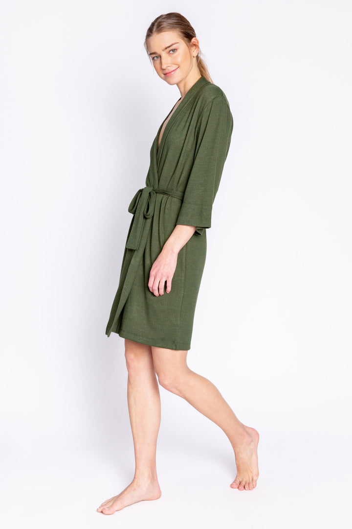 Olive green robe with belt in soft REPREVE® recycled knit (made from recycled bottles), Has 3/4 sleeves & self tie belt. (6853539364964)