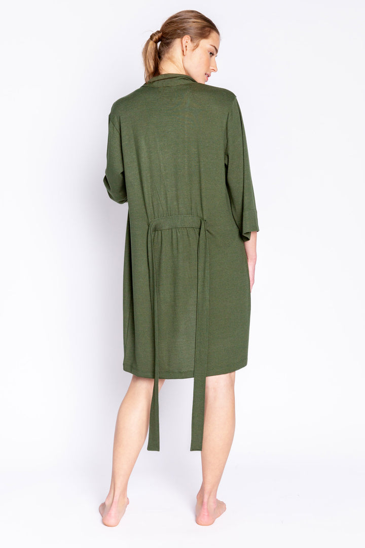 Olive green robe with belt in soft REPREVE® recycled knit (made from recycled bottles), Has 3/4 sleeves & self tie belt. (6853539364964)