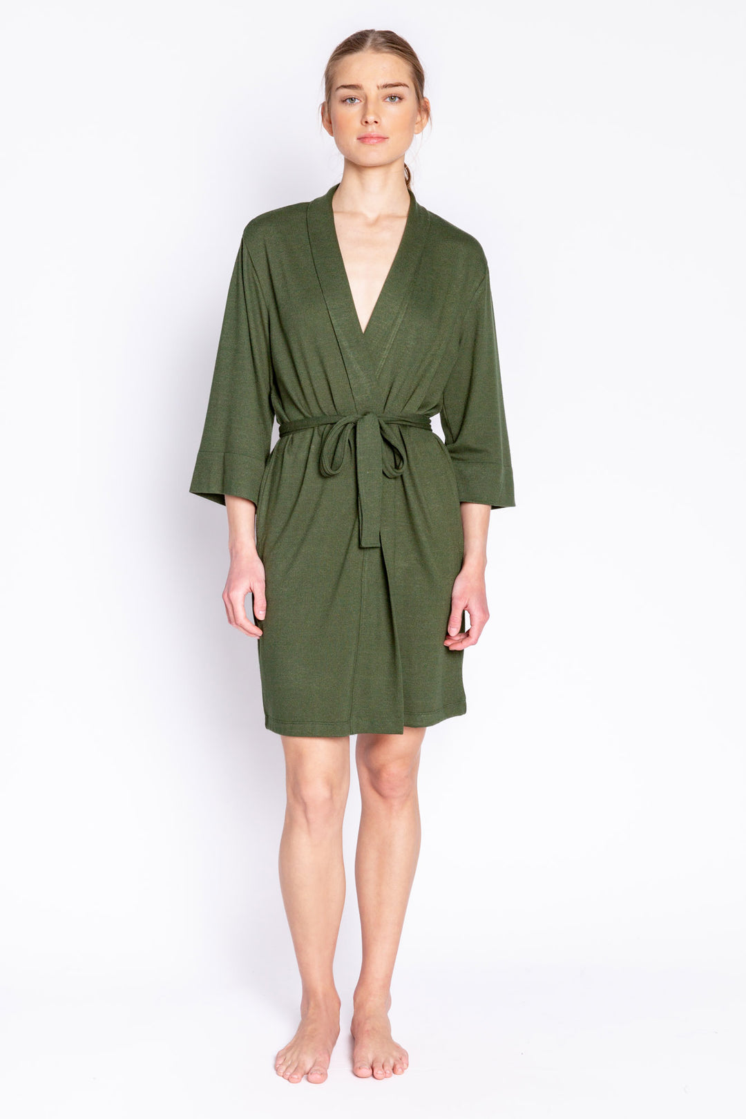 Olive green robe with belt in soft REPREVE® recycled knit (made from recycled bottles), Has 3/4 sleeves & self tie belt. (6853539364964)