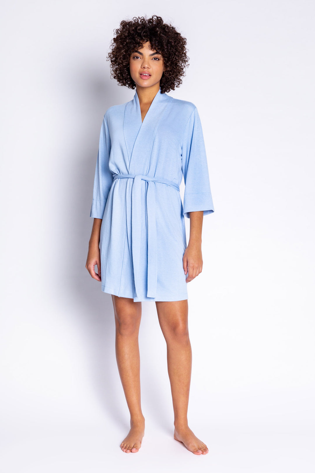 Light blue robe with 3/4 open sleeve and self belt in ice blue REPREVE® certified recycled fabric. (6685113352292)