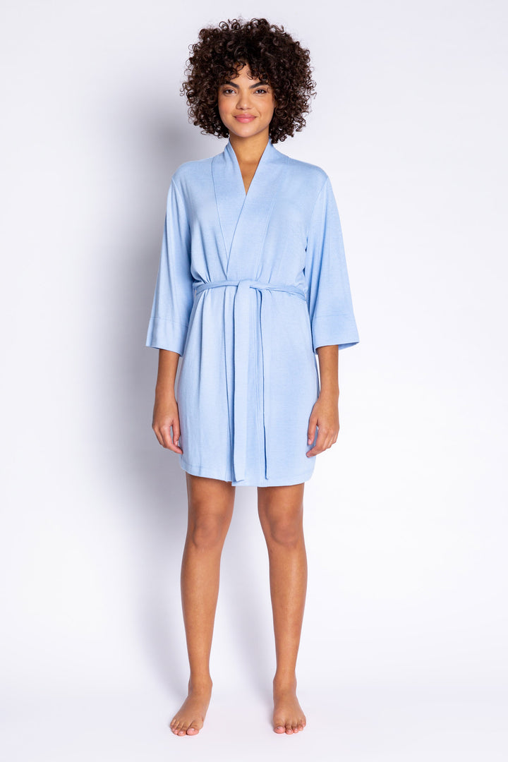 Light blue robe with 3/4 open sleeve and self belt in ice blue REPREVE® certified recycled fabric. (6685113352292)