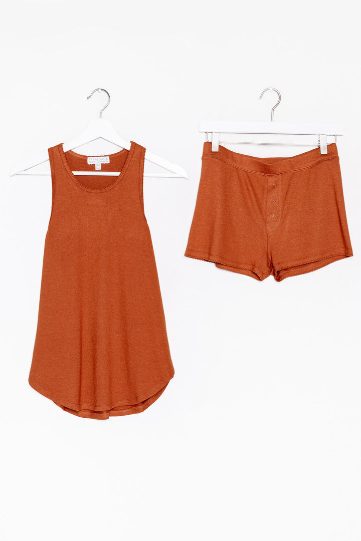 Bronze tank + short set made with REPREVE® fabric (made from recycled plastics), the Reloved in soft short has faux snaps at fly & the comfiest fit.  (6853539659876)