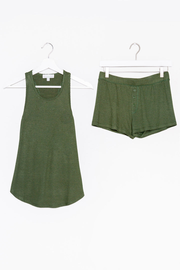 Olive green tank + short set made with REPREVE® fabric (made from recycled plastics), the Reloved in soft short has faux snaps at fly & the comfiest fit.  (6853539823716)