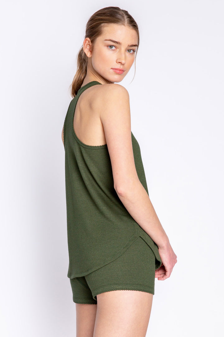 Olive green tank + short set made with REPREVE® fabric (made from recycled plastics), the Reloved in soft short has faux snaps at fly & the comfiest fit.  (6853539823716)
