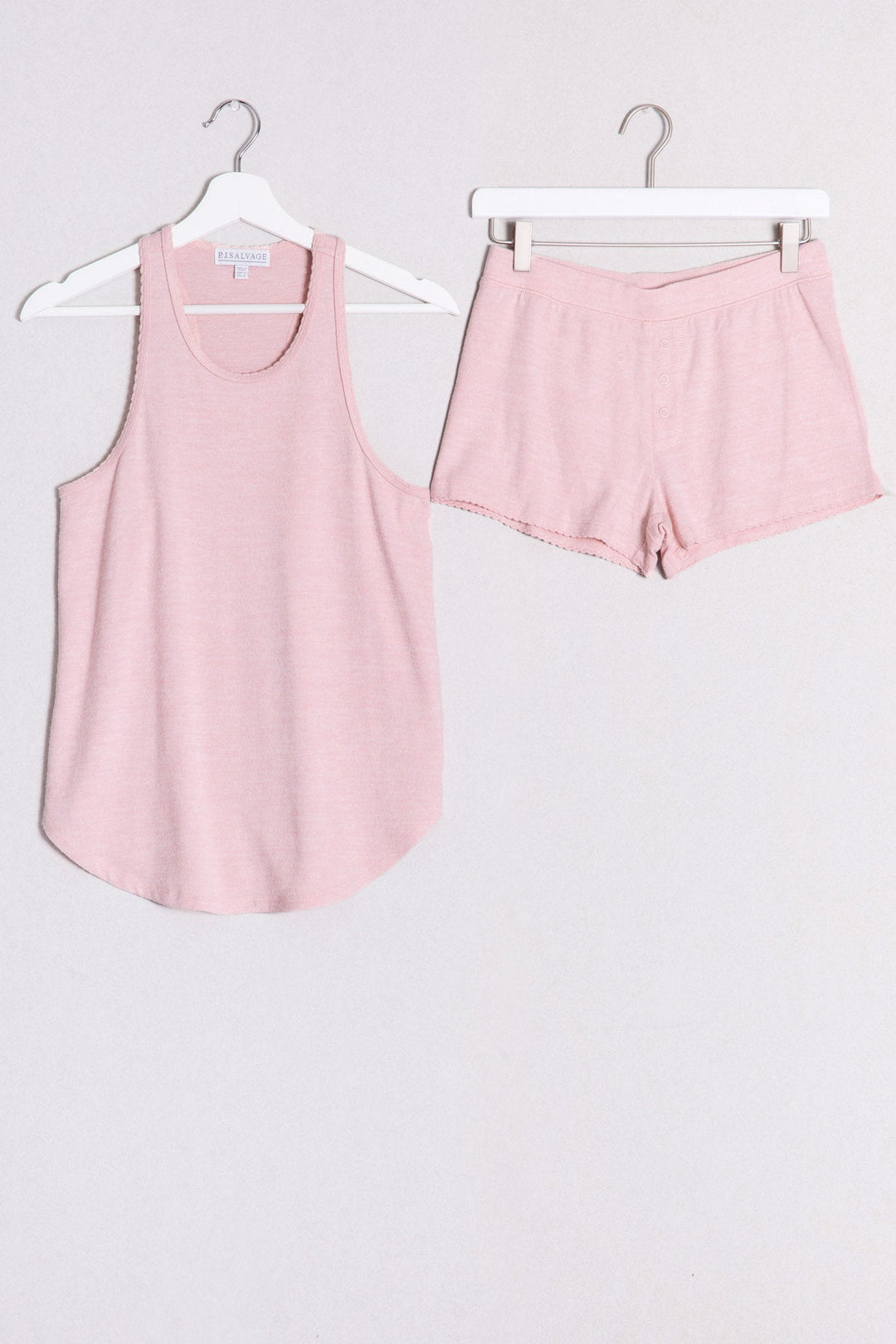Recycled REPREVE® jersey pale pink lounge set with picot trim. Racerback tank with matching short.  (6612550287460) (7105225392228)