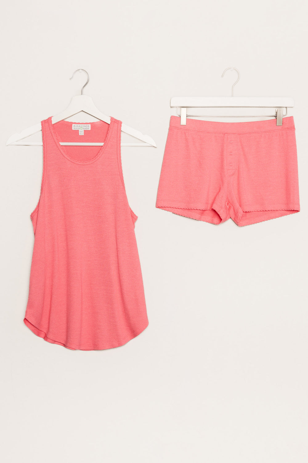 Coral pink racer-back tank top & sleep short set in soft Repreve jersey knit. (7122610651236)