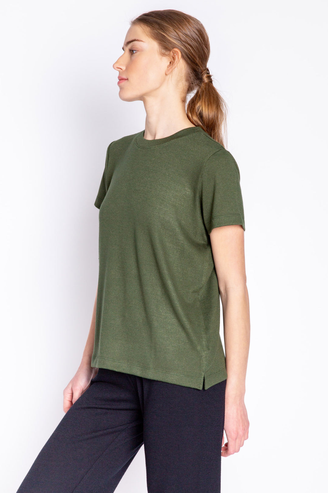 Bronze t-shirt in soft REPREVE® recycled knit (made from recycled bottles). With side vents to tuck in or out. (6685118333028)
