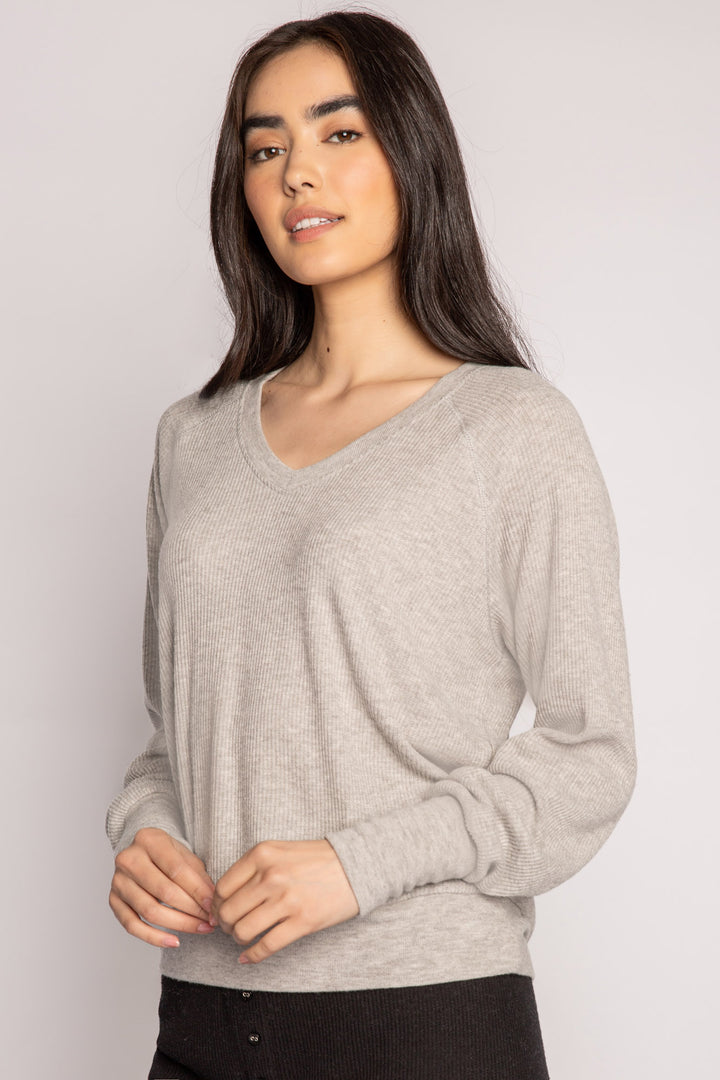 Light grey V-neck top with relaxed fit in 2x2 peachy rib. Banded sleeve cuff & neck rib. (7122611568740)