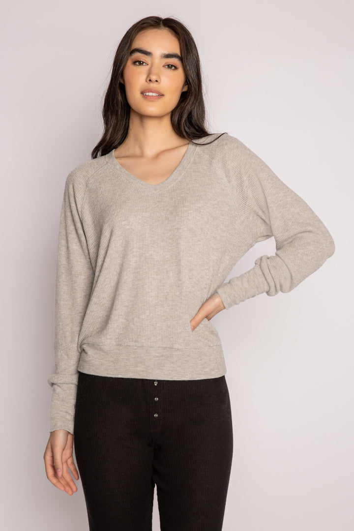 Light grey V-neck top with relaxed fit in 2x2 peachy rib. Banded sleeve cuff & neck rib. (7122611568740)