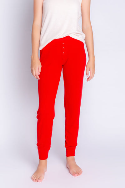 Red rib jammie pant with banded cuffs and faux 3-button fly. (6612551434340)