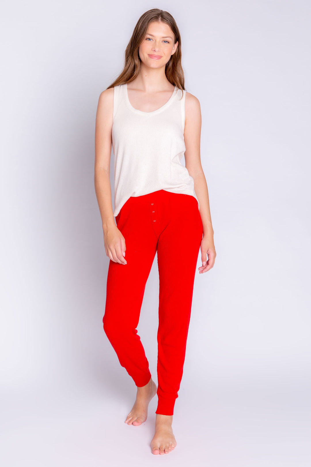 Red rib jammie pant with banded cuffs and faux 3-button fly. (6612551434340)