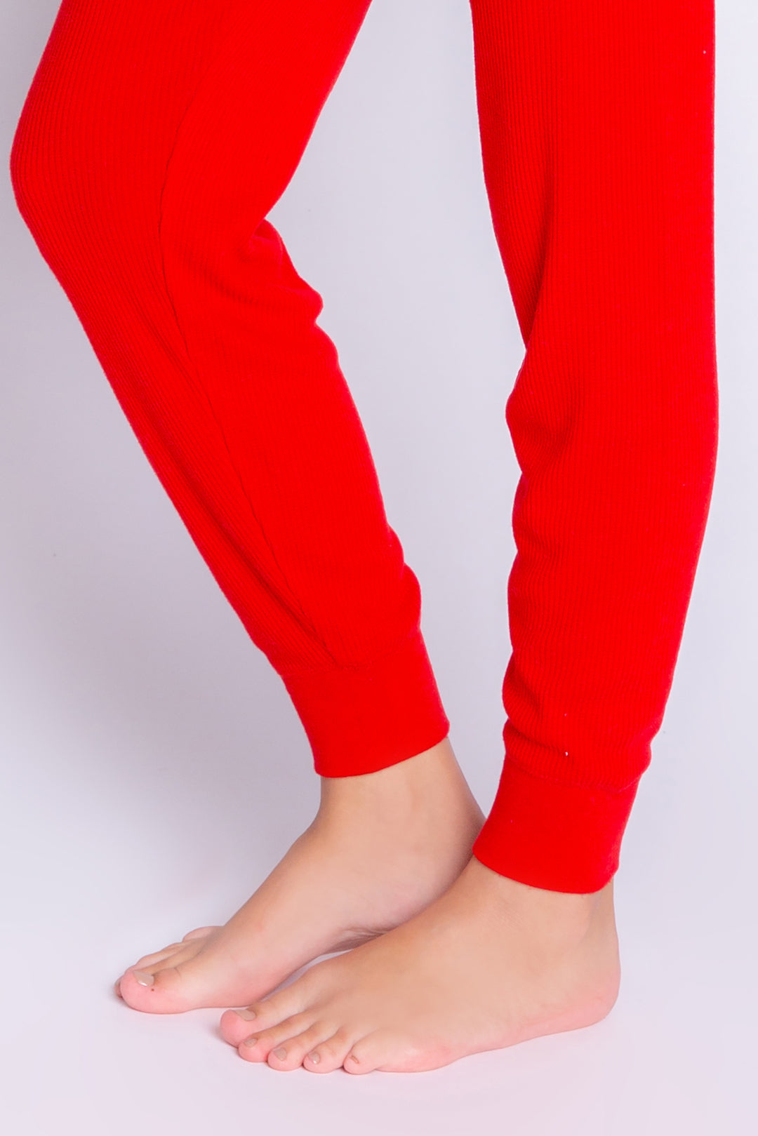 Red rib jammie pant with banded cuffs and faux 3-button fly. (6612551434340)