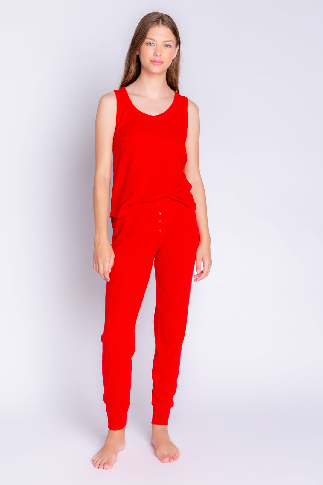 Red rib jammie pant with banded cuffs and faux 3-button fly. (6612551434340)