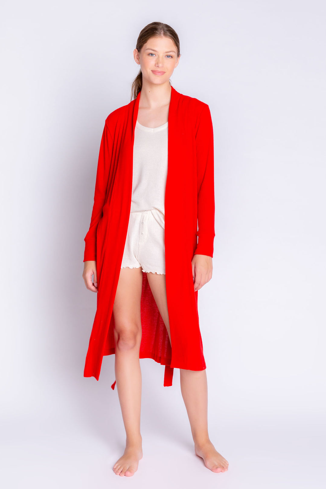 Red rib duster- robe with self belt and deep cuffs. (6612551696484)