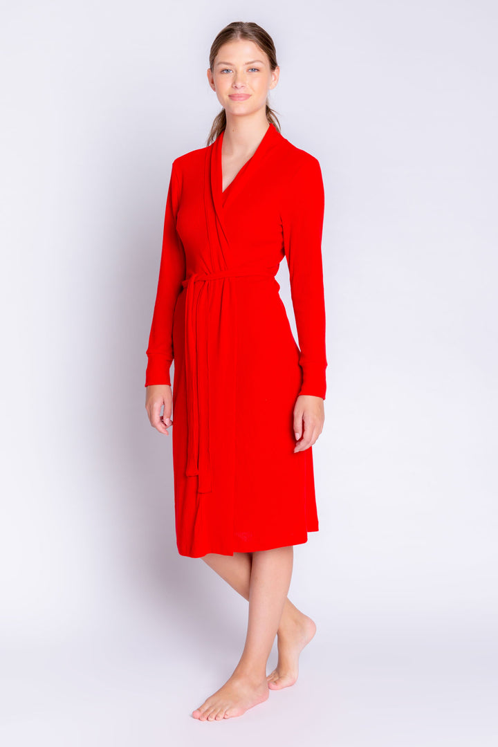 Red rib duster- robe with self belt and deep cuffs. (6612551696484)