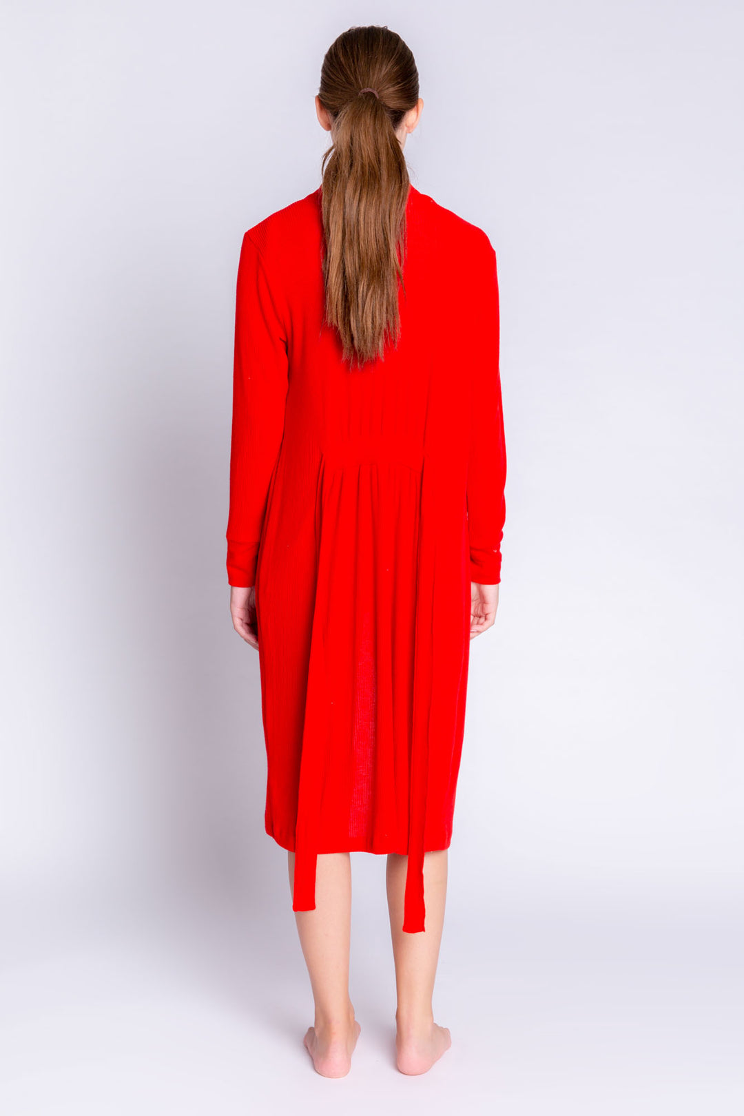 Red rib duster- robe with self belt and deep cuffs. (6612551696484)