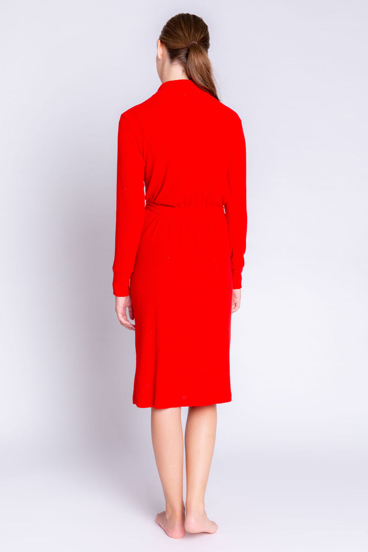 Red rib duster- robe with self belt and deep cuffs. (6612551696484)