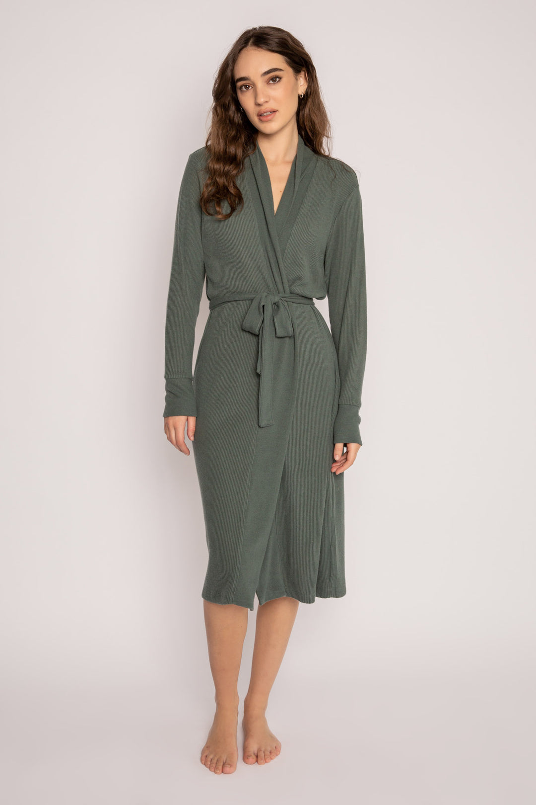 Green duster-robe with self-belt in 2x2 brushed peachy rib. Below the knee length with rib cuffs. (7199531204708)