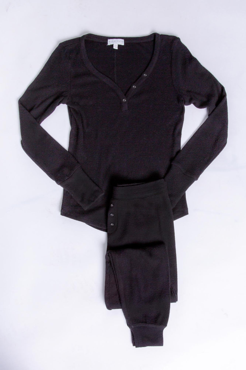 Lounge set in black 2x2 rib peachy knit. Long sleeve V-neck Henley & banded jammie pant. (6612551893092) (6970035896420)