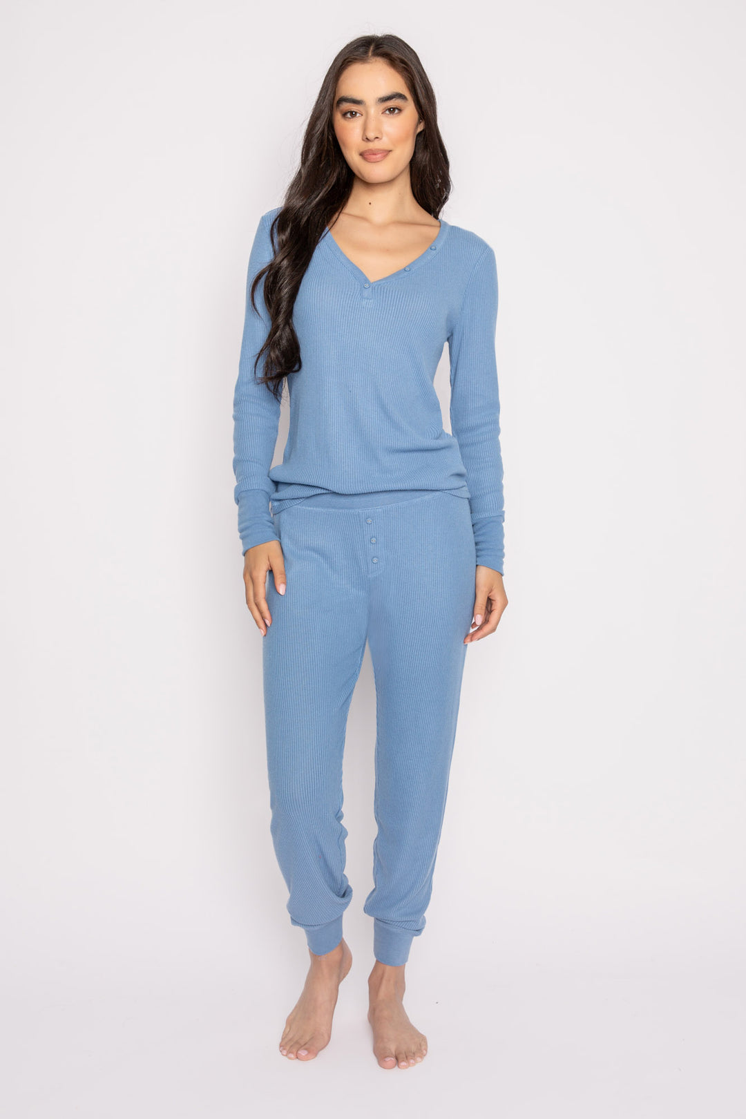 Henley top & jammie pant lounge set in soft 2x2 peachy rib in French blue. (6853541527652)