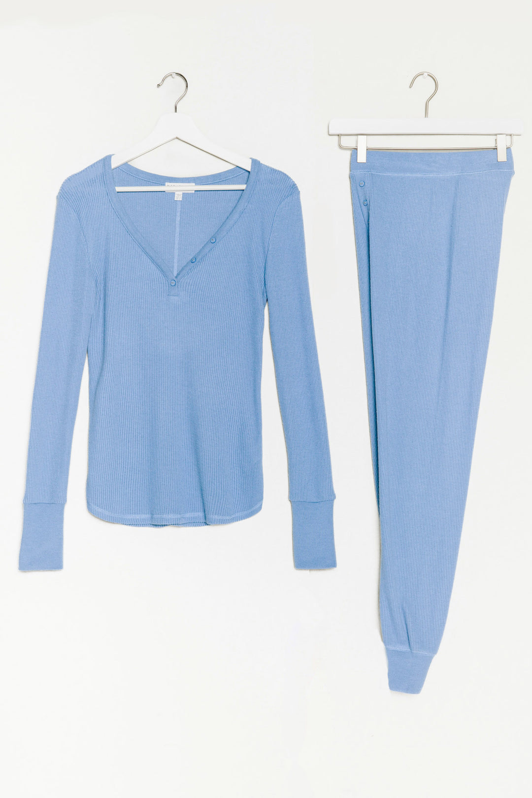 Henley top & jammie pant lounge set in soft 2x2 peachy rib in French blue. (6853541527652)