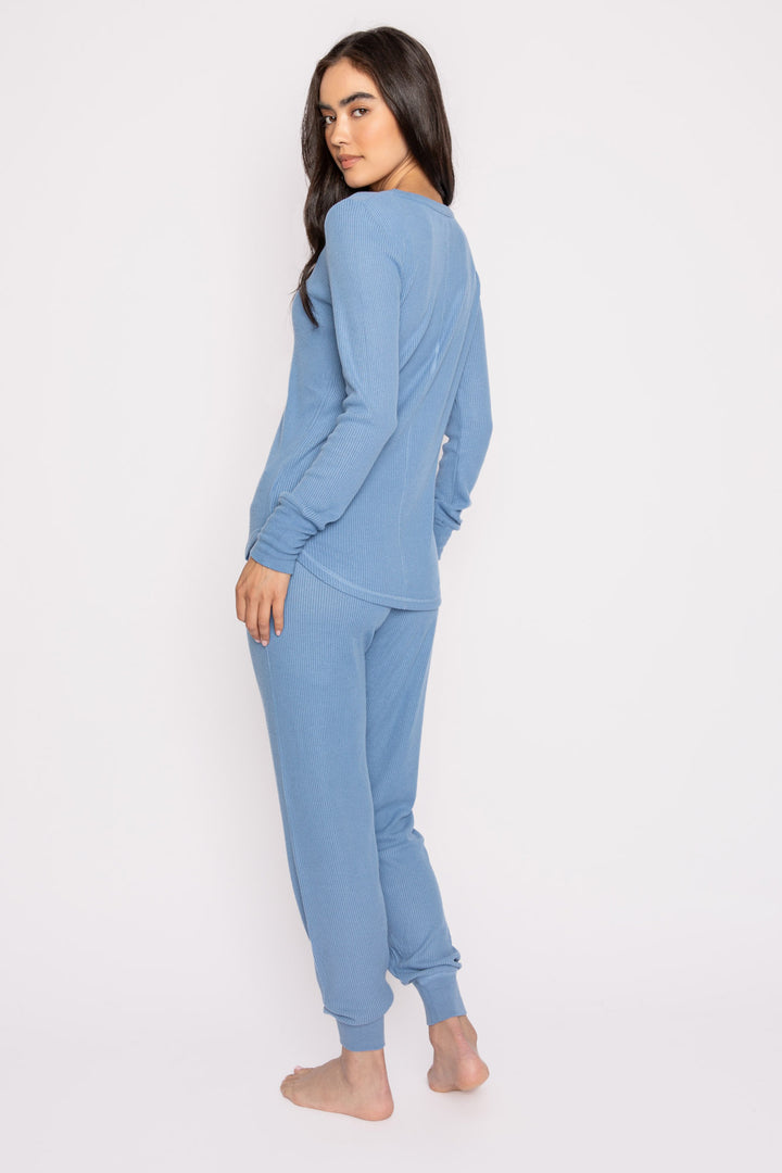 Henley top & jammie pant lounge set in soft 2x2 peachy rib in French blue. (6853541527652)
