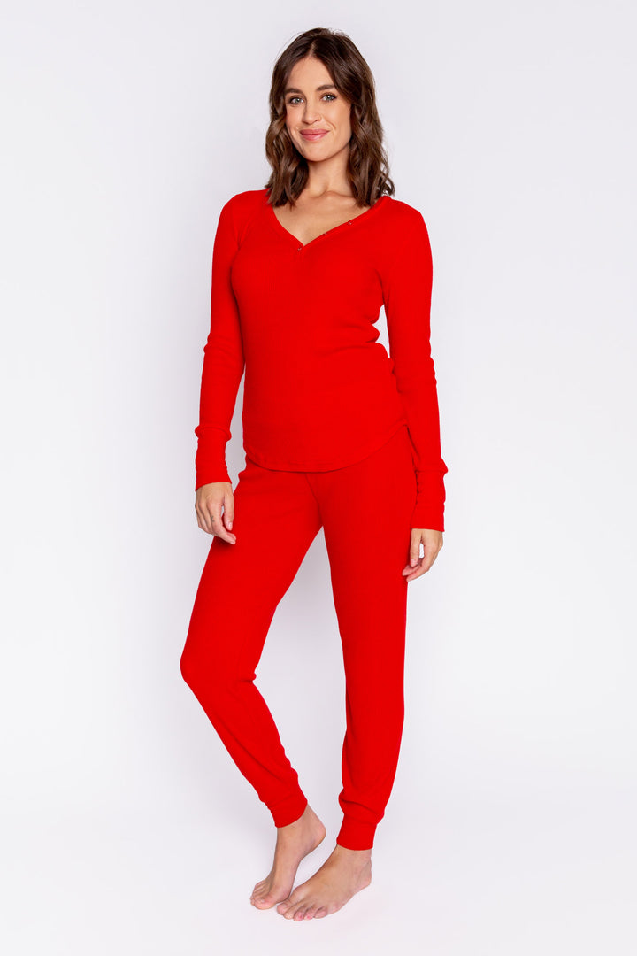 Henley top & jammie pant lounge set in soft 2x2 peachy rib in deep red. (6999663902820)