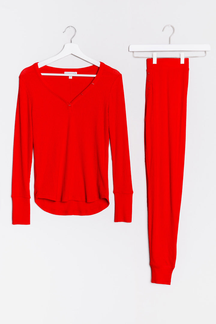 Henley top & jammie pant lounge set in soft 2x2 peachy rib in deep red. (6999663902820)