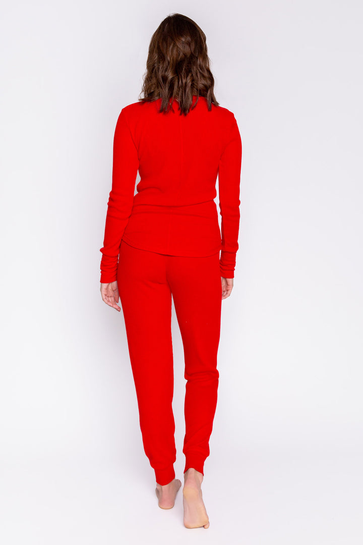 Henley top & jammie pant lounge set in soft 2x2 peachy rib in deep red. (6999663902820)