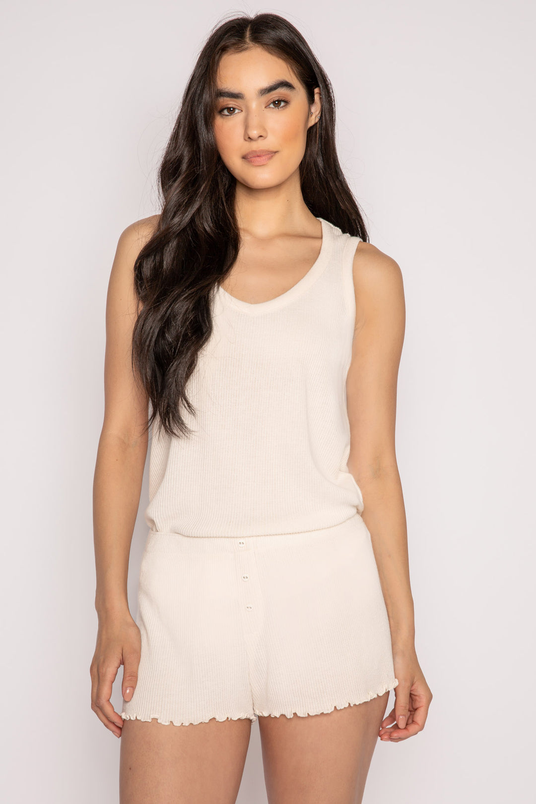 2x2 ivory rib sleep set in V-neck tank & sleep short with mini buttons. (7199531958372)
