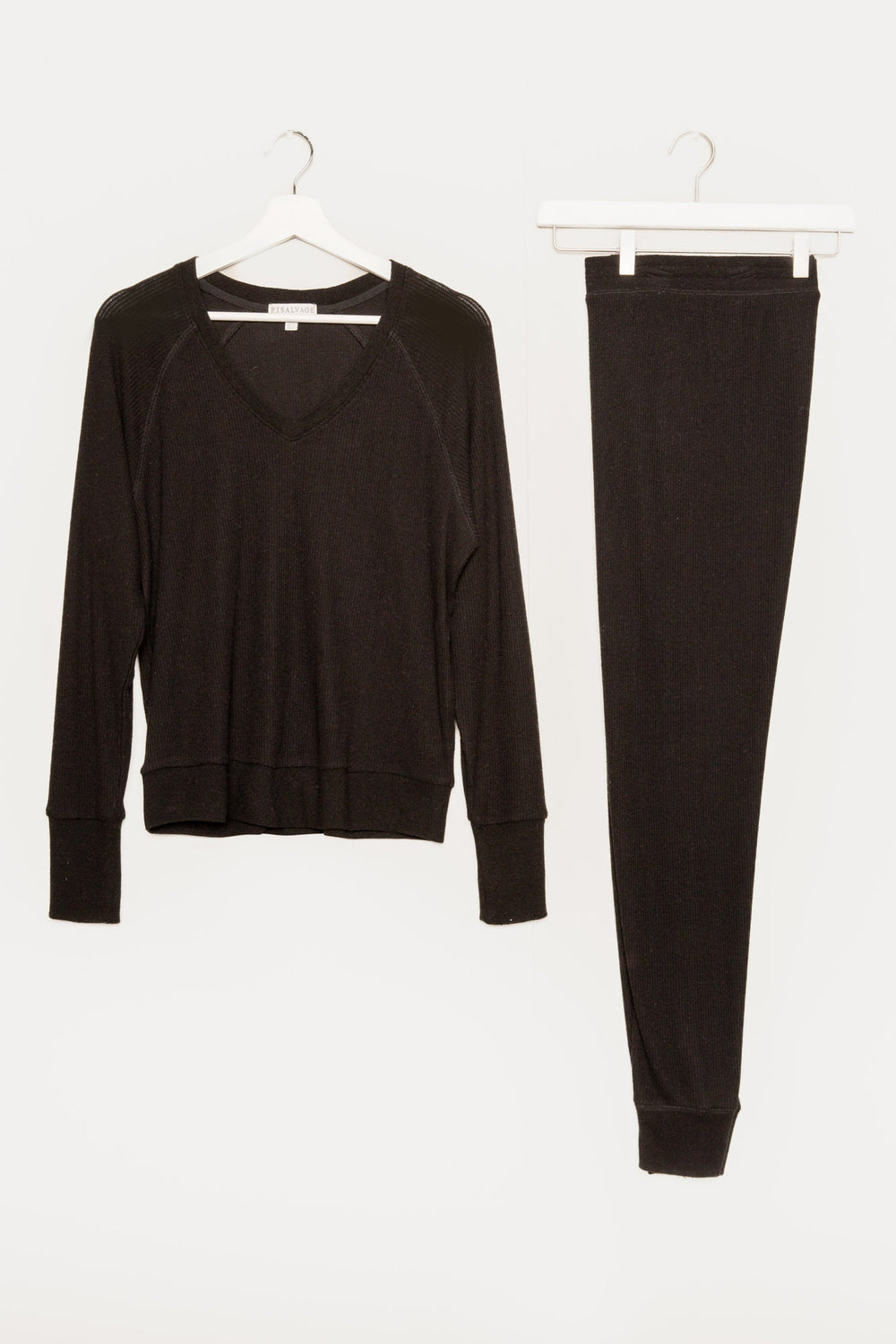 black jammie set in 2x2 peachy rib with a slim fit jammie pant & V-neck long sleeve top. (7199531991140)