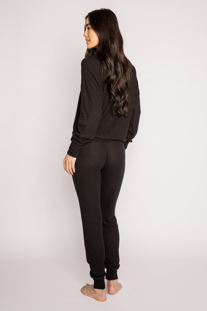 black jammie set in 2x2 peachy rib with a slim fit jammie pant & V-neck long sleeve top. (7199531991140)